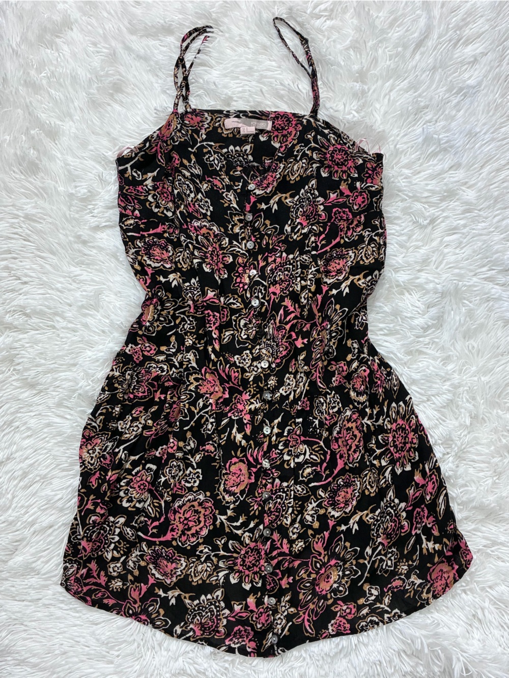 Forever 21 Black Floral Button-Front Romper with Pink & Tan Accents